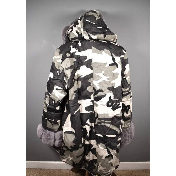 Roiii Coat Women's 3X Camo Camouflage Black Long Parka Jacket Fur Trim NEW